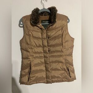 Eddie Bauer Women's Down Tan Puffer Vest with Faux Fur Collar